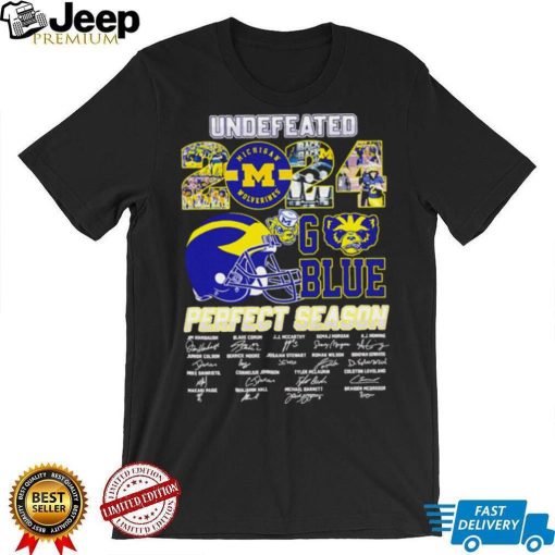 Undefeated 2024 Michigan Wolverines go blue perfect season signatures helmet logo shirt