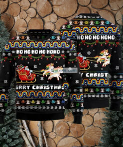 Unicorn Pulling Santa Sleigh Black Matching Christmas Sweaters