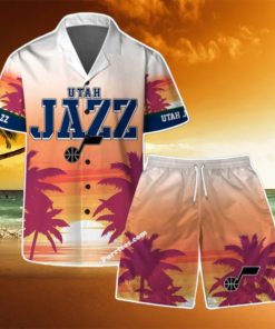 Utah Jazz Team Logo Pattern Sunset Tropical Hawaiian Shirt & Short