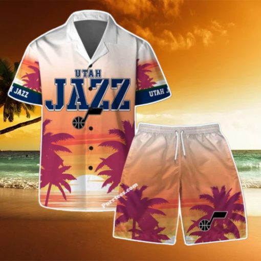 Utah Jazz Team Logo Pattern Sunset Tropical Hawaiian Shirt & Short