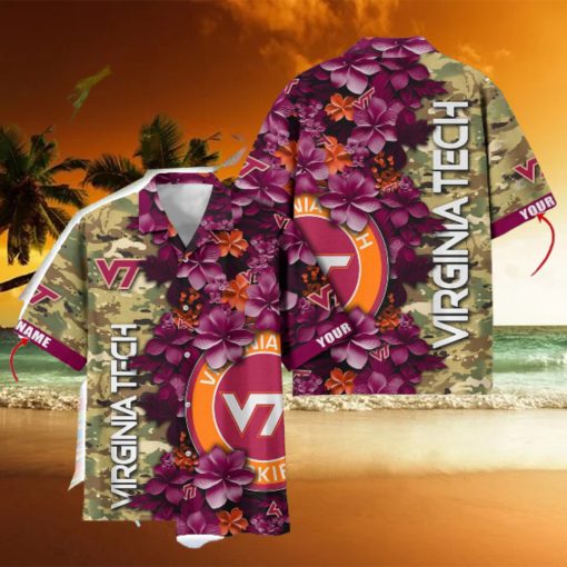 Virginia Tech Hokies Custom Name Personalized Camo Flower Pattern Hawaiian Shirt