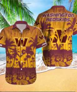 A vibrant Hawaiian shirt featuring the Washington Commanders' logo against a colorful sunset backdrop, perfect for fans looking to blend team spirit with tropical style.