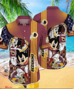 A vibrant and fun Hawaiian shirt featuring the Washington Commanders logo paired with Mickey Mouse, blending team spirit with Disney magic for a playful, stylish look.
