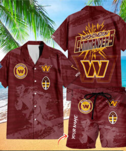 A custom Hawaiian shirt featuring the Washington Commanders logo with a fiery, vibrant design, perfect for fans who want to show off their team pride in style.