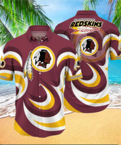 A vibrant, tropical-themed shirt featuring the iconic Washington Redskins logo and colors, perfect for fans to showcase team spirit in style.