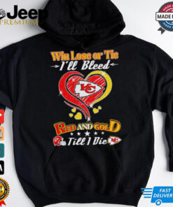 Win Lose or Tie I’ll Bleed Kansas City Chiefs Red Gold Till I Die shirt featuring a bold design with the Chiefs' colors and a passionate message of unwavering loyalty to the team. Perfect for die-hard Kansas City Chiefs fans who support their team through thick and thin.