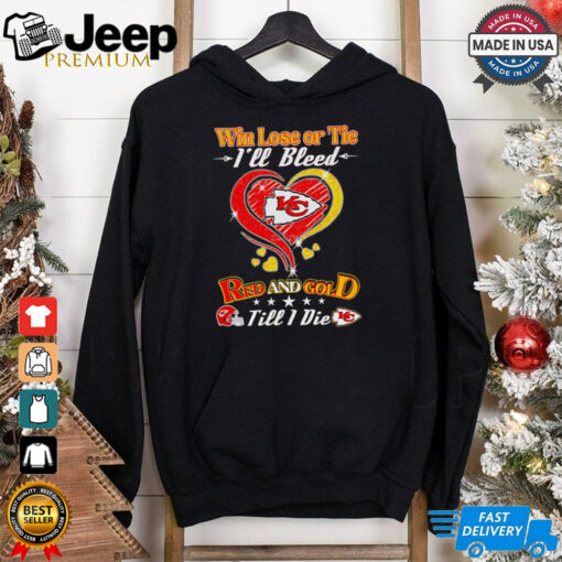 Win lose or tie I’ll bleed red and gold till I die Kansas City Chiefs heart shirt