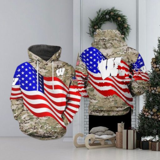 Wisconsin Badgers NCAA US Flag Camo Veteran 3D Printed Hoodie