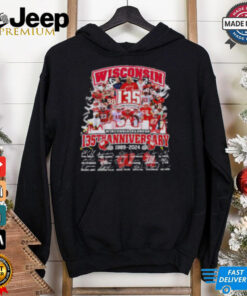 Wisconsin Badgers 135th Anniversary 1889-2024 Signature shirt featuring a commemorative design celebrating 135 years of Wisconsin Badgers football. The shirt includes bold anniversary text, the team's logo, and player signatures to honor the rich history and achievements of the Badgers over the years.