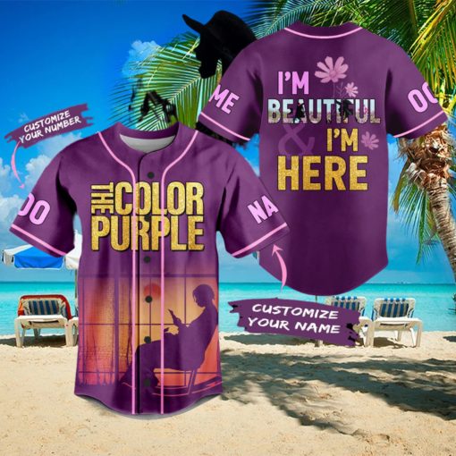 personalized the color purple im beautiful im here baseball jersey