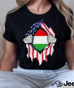 Hungarian American Flags Hands Ripping Flag on Chest Shirt