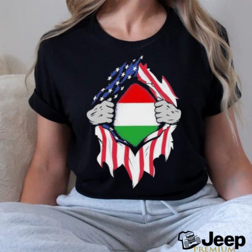 Hungarian American Flags Hands Ripping Flag on Chest Shirt