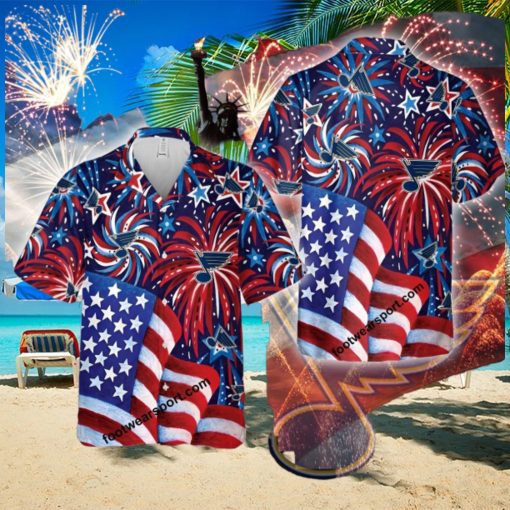 Limited NHL St. Louis Blues US Flag Pattern Firework Memory Men Women AOP Hawaiian Shirt