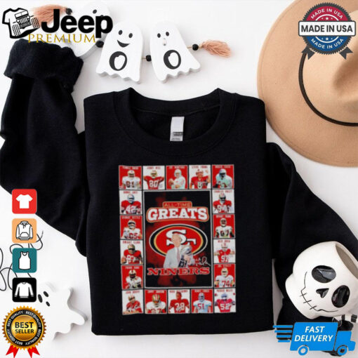 All time greats San Francisco 49ers Terrell Owens Jerry RIce Joe Montana Steve Young signatures shirt