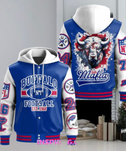 Buffalo Bills Football Limited Hooded Varsity Jacket – Official Bills Fan Apparel, NFL Spirit Wear, Limited Edition Hooded Varsity Jacket