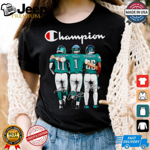 Champion Philadelphia Eagles Brown Hurts and Barkley signatures shirt