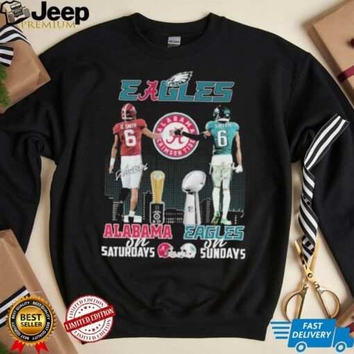DeVonta Smith Alabama Crimson Tide On Saturdays x Philadelphia Eagles Philly On Sundays Helmet Signature T shirts