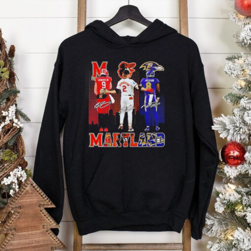 Maryland city skyline Maryland Terrapins Baltimore Orioles and Baltimore Ravens sports signatures shirt