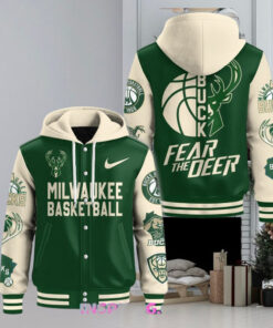 Milwaukee Bucks Fear The Deer Hooded Varsity Jacket – Official Bucks Fan Apparel, Fear The Deer Spirit Wear, Limited Edition Hooded Varsity Jacket