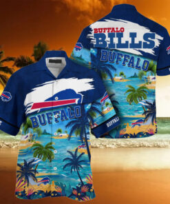 NFL Buffalo Bills Palm Tree Hot Summer Hawaiian Shirt Gifts for Sports Fans – Tropical Hawaiian design featuring the Buffalo Bills logo and palm trees, ideal for summer and fan gifts.