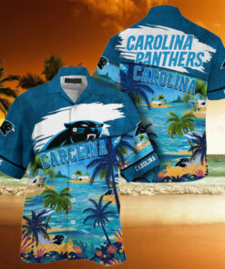 NFL Carolina Panthers Palm Tree Hot Summer Hawaiian Shirt Gifts for Sports Fans – Tropical Hawaiian design featuring the Carolina Panthers logo and palm trees, perfect for summer and fan gifts.