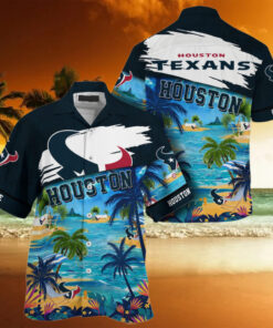 NFL Houston Texans Palm Tree Hot Summer Hawaiian Shirt Gifts for Sports Fans – Tropical Hawaiian design featuring the Houston Texans logo and palm trees, perfect for summer and fan gifts.