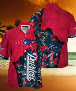 Patriotic Hawaiian-inspired design featuring the New England Patriots logo, perfect for summer and football fans.