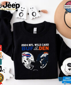 **Official Denver vs Buffalo 2024-25 NFL Wild Card Dueling Helmet T-Shirt** – Celebrate the thrilling playoff matchup with this exclusive dueling helmet design, perfect for fans of both teams!