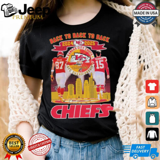 Official Travis Kelce And Patrick Mahomes Kansas City Chiefs AFC Champions Back To Back To Back 2024 2025 Signatures T shirts