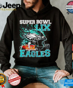 Super Bowl 2025 LIX Champions helmet on fire Eagles shirt