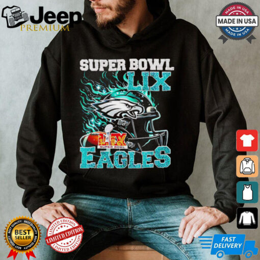 Super Bowl 2025 LIX Champions helmet on fire Eagles shirt