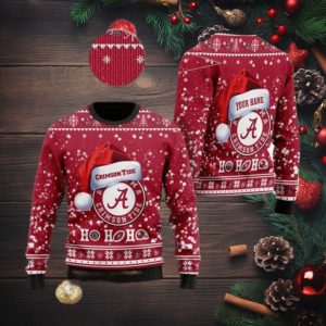 Alabama Crimson Tide NCAA Santa Claus Hat Ho Ho Ho 3D Custom Name Ugly Christmas Sweater