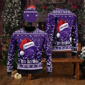 Kansas State Wildcats Santa Claus Hat Ho Ho Ho 3D Custom Name Ugly Christmas Sweater