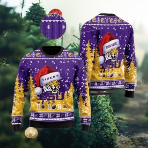 LSU Tigers NCAA Santa Claus Hat Ho Ho Ho 3D Custom Name Ugly Christmas Sweater