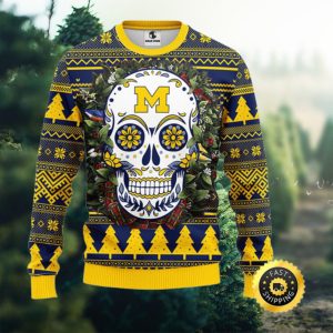 NFL Michigan Wolverines Skull Flower Ugly Christmas Ugly Sweater